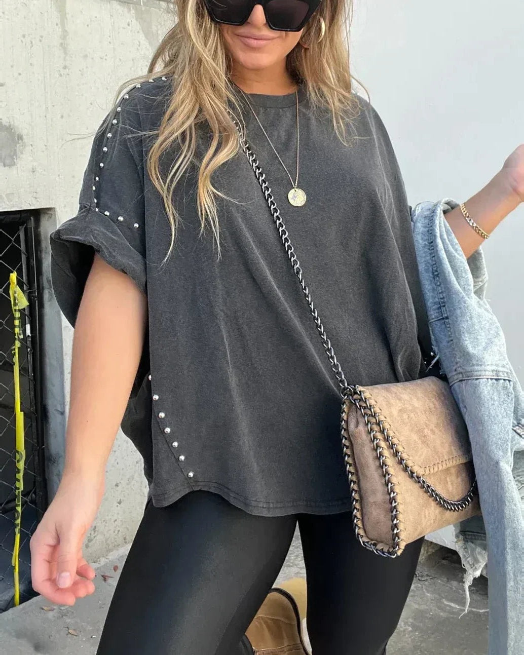 BELLA - Studded Oversized Tee - Washed Black