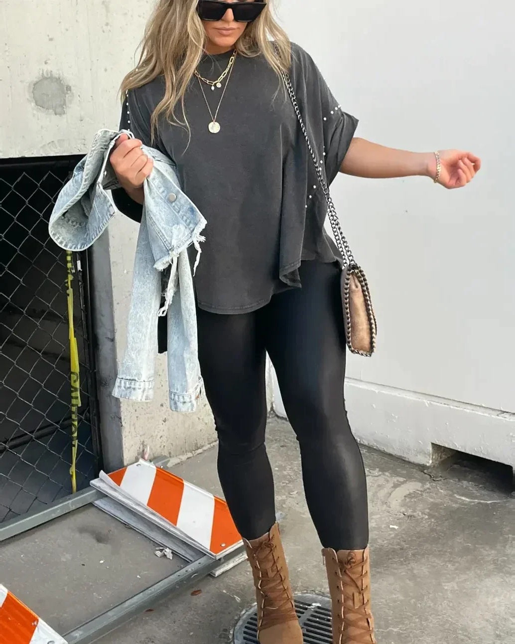 BELLA - Studded Oversized Tee - Washed Black