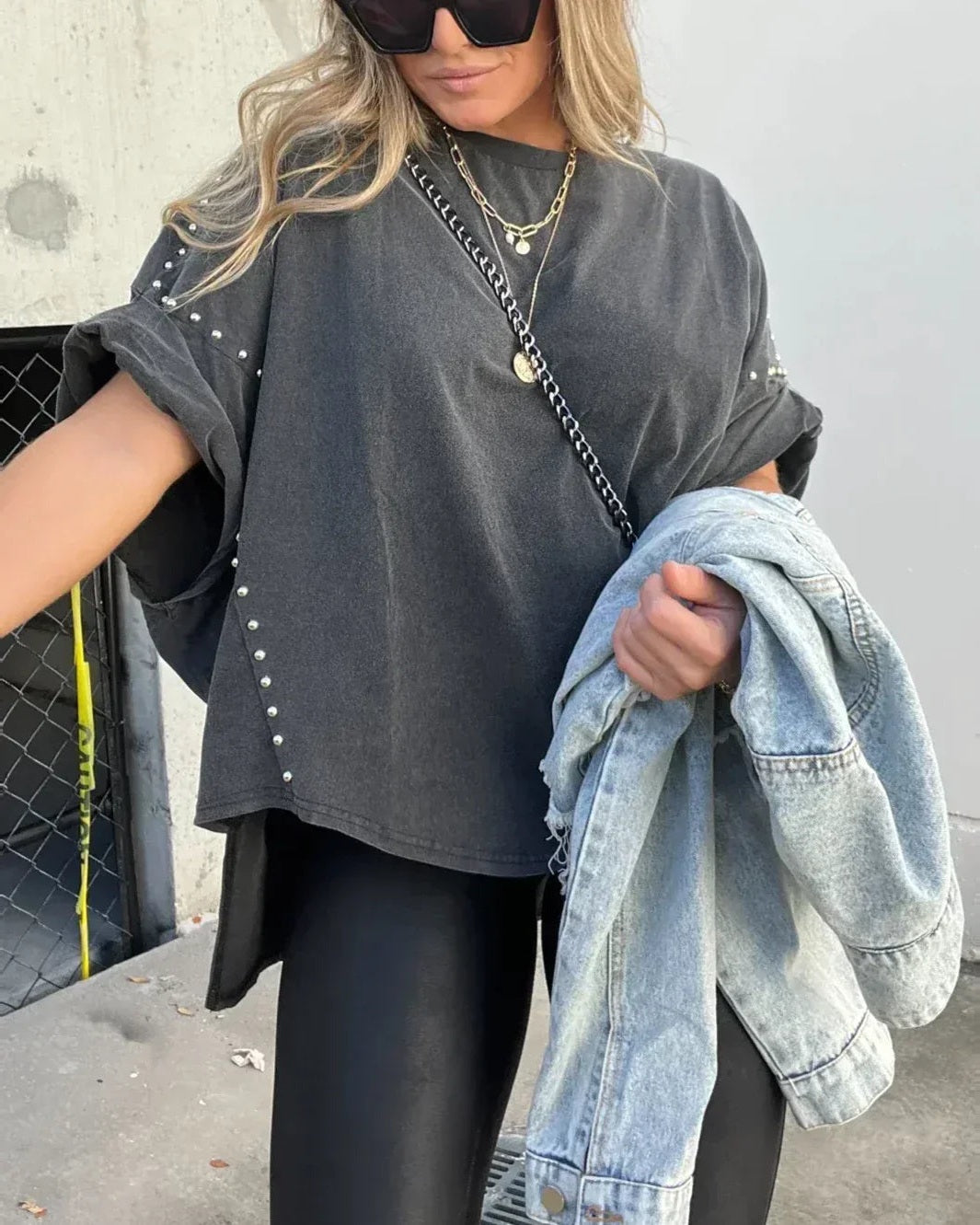 BELLA - Studded Oversized Tee - Washed Black