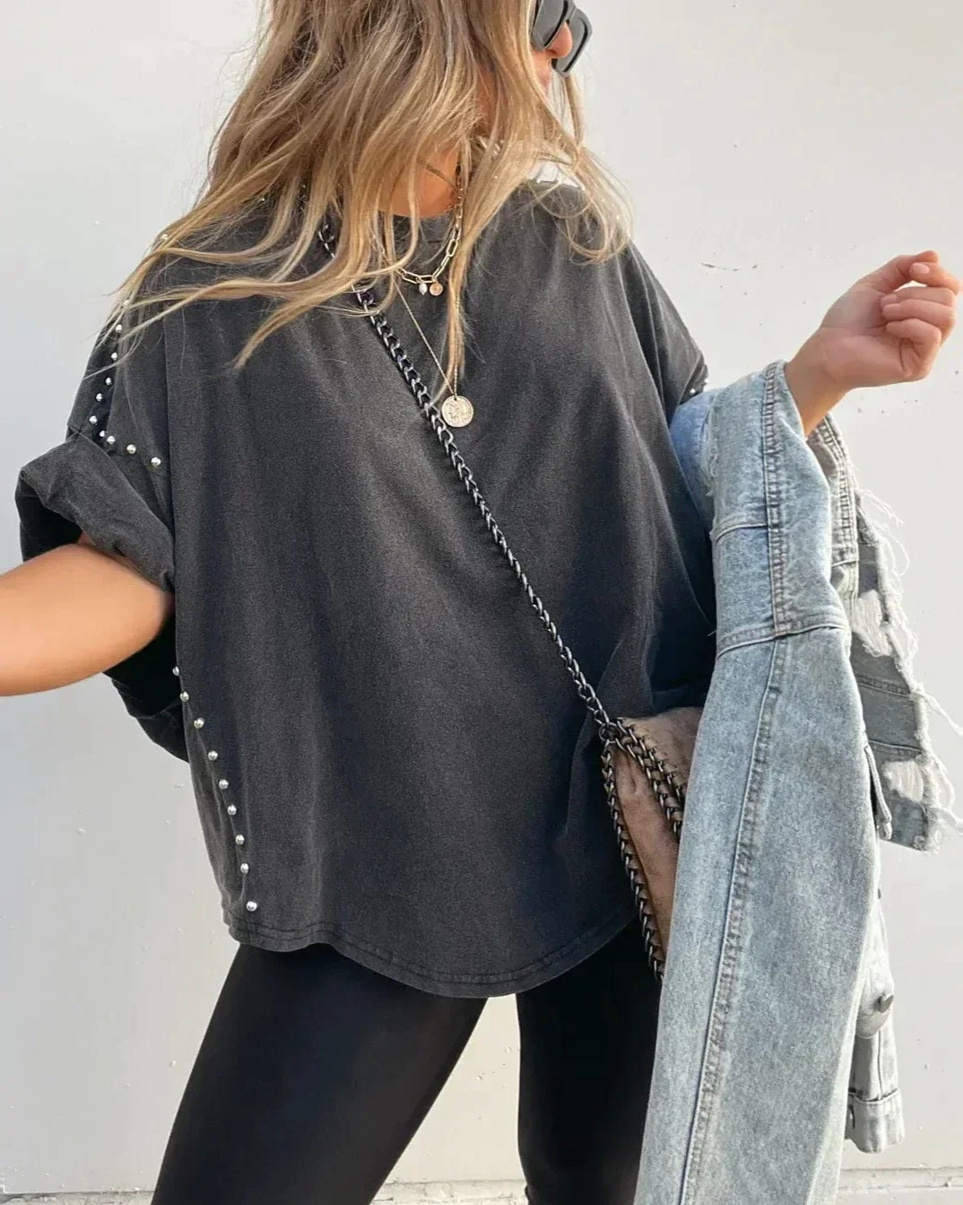 BELLA - Studded Oversized Tee - Washed Black