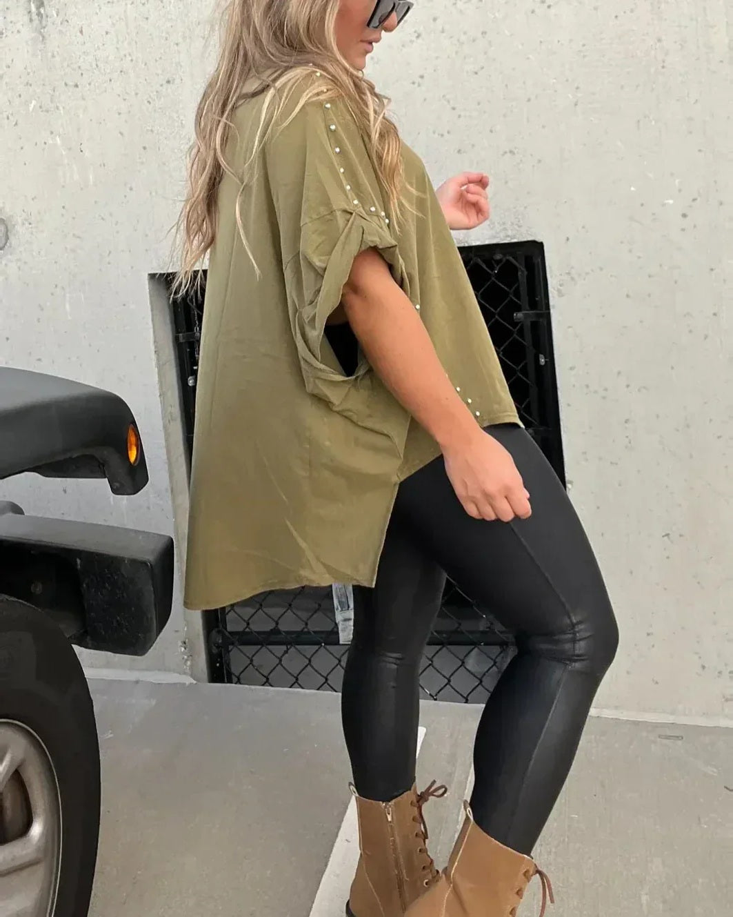 BELLA - Studded Oversized Tee - Washed Olive