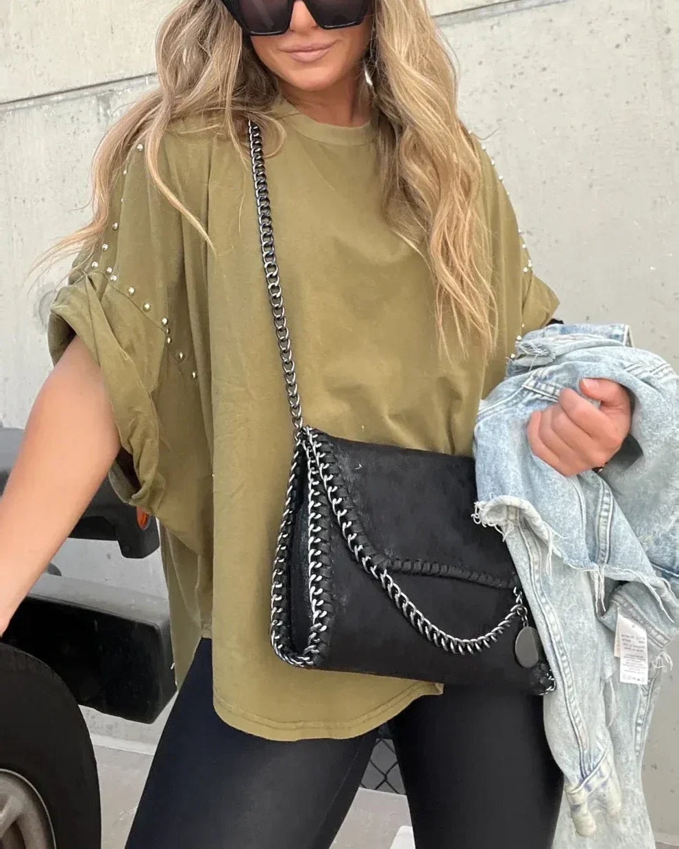 BELLA - Studded Oversized Tee - Washed Olive