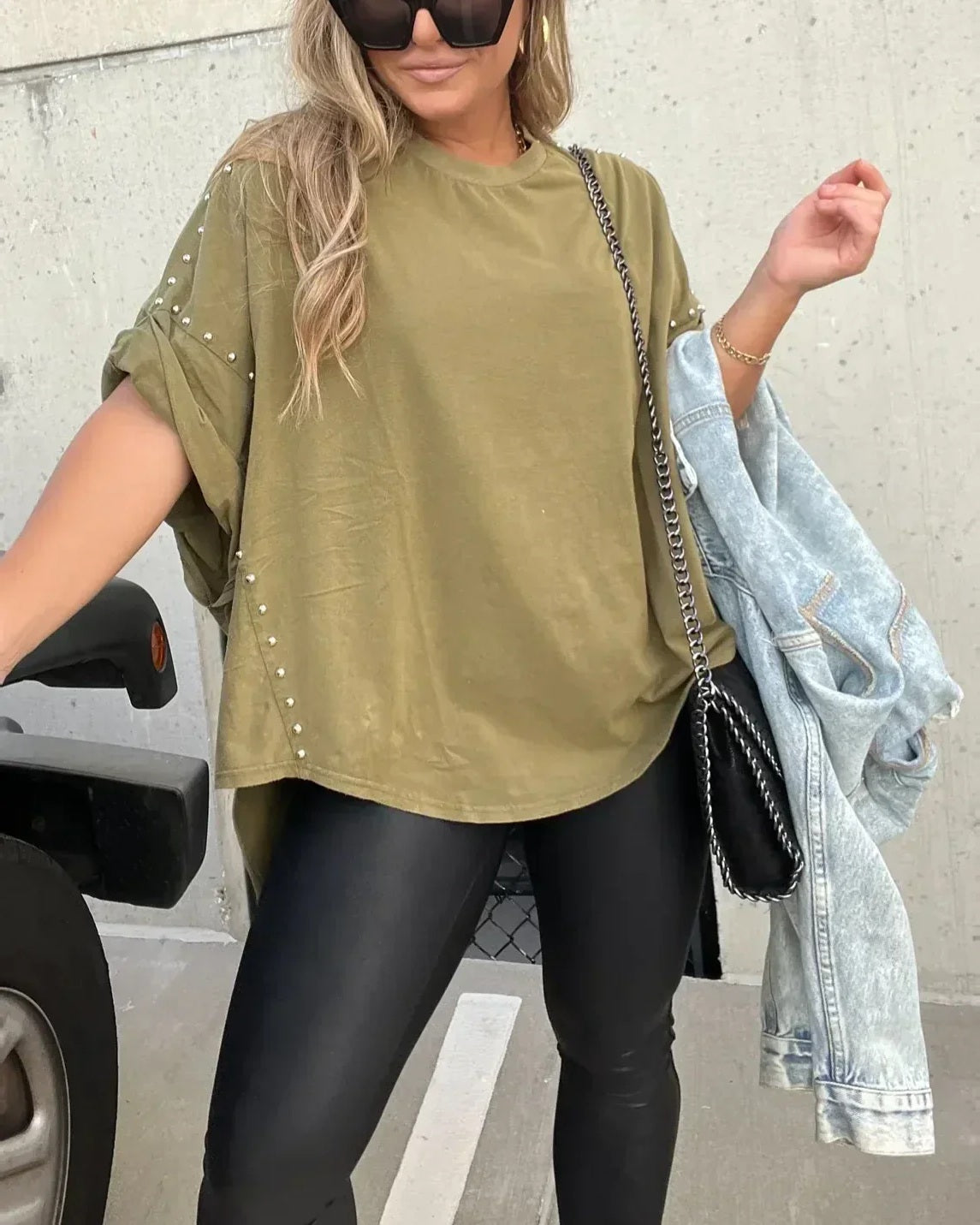 BELLA - Studded Oversized Tee - Washed Olive