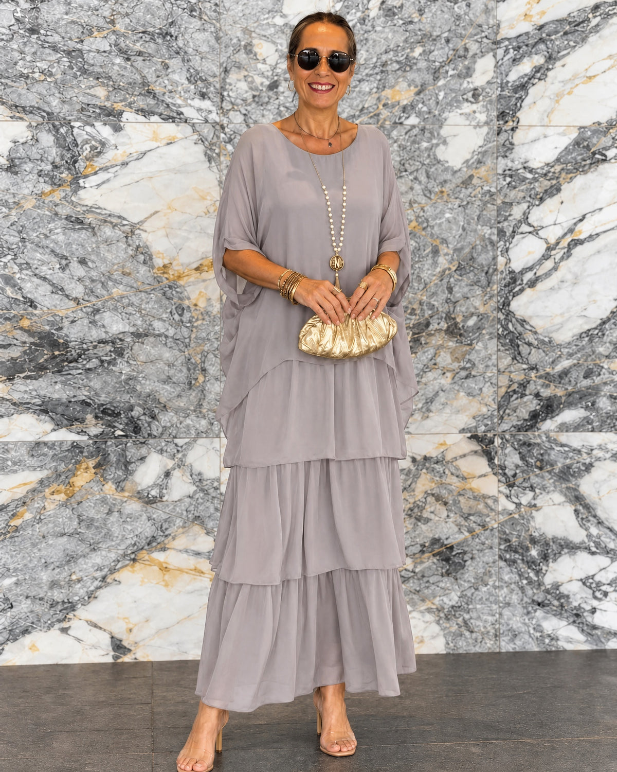 BETTY - Chiffon Boho Dress - Silver