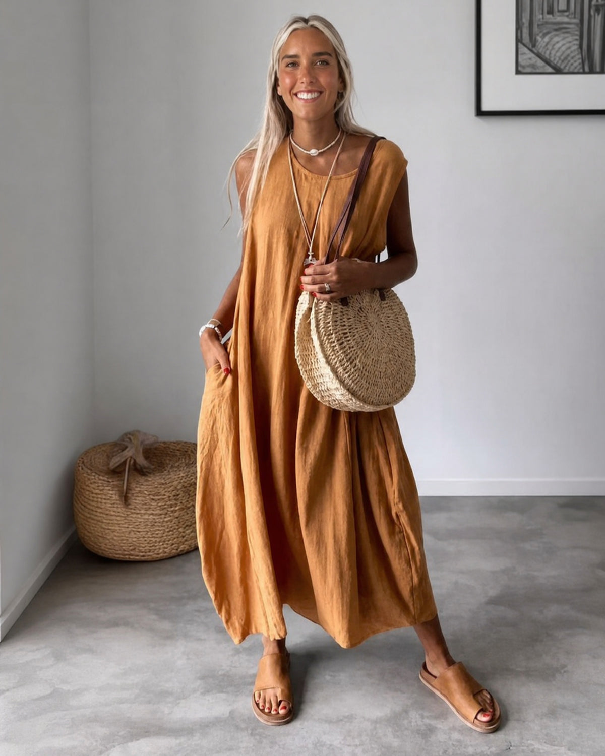 BLOME - Sleeveless Boho Midi Dress - Orange