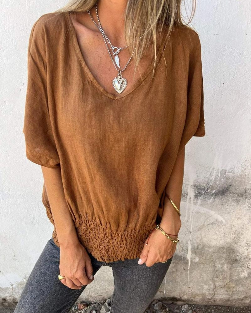 BONDI - Waisted V-Neck T-Shirt - Brown