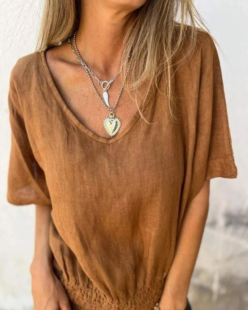 BONDI - Waisted V-Neck T-Shirt - Brown