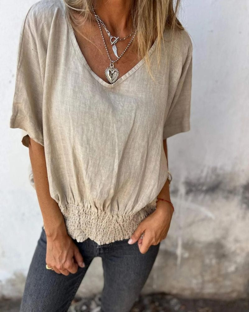 BONDI - Waisted V-Neck T-Shirt - Apricot