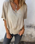 BONDI - Waisted V-Neck T-Shirt - Apricot