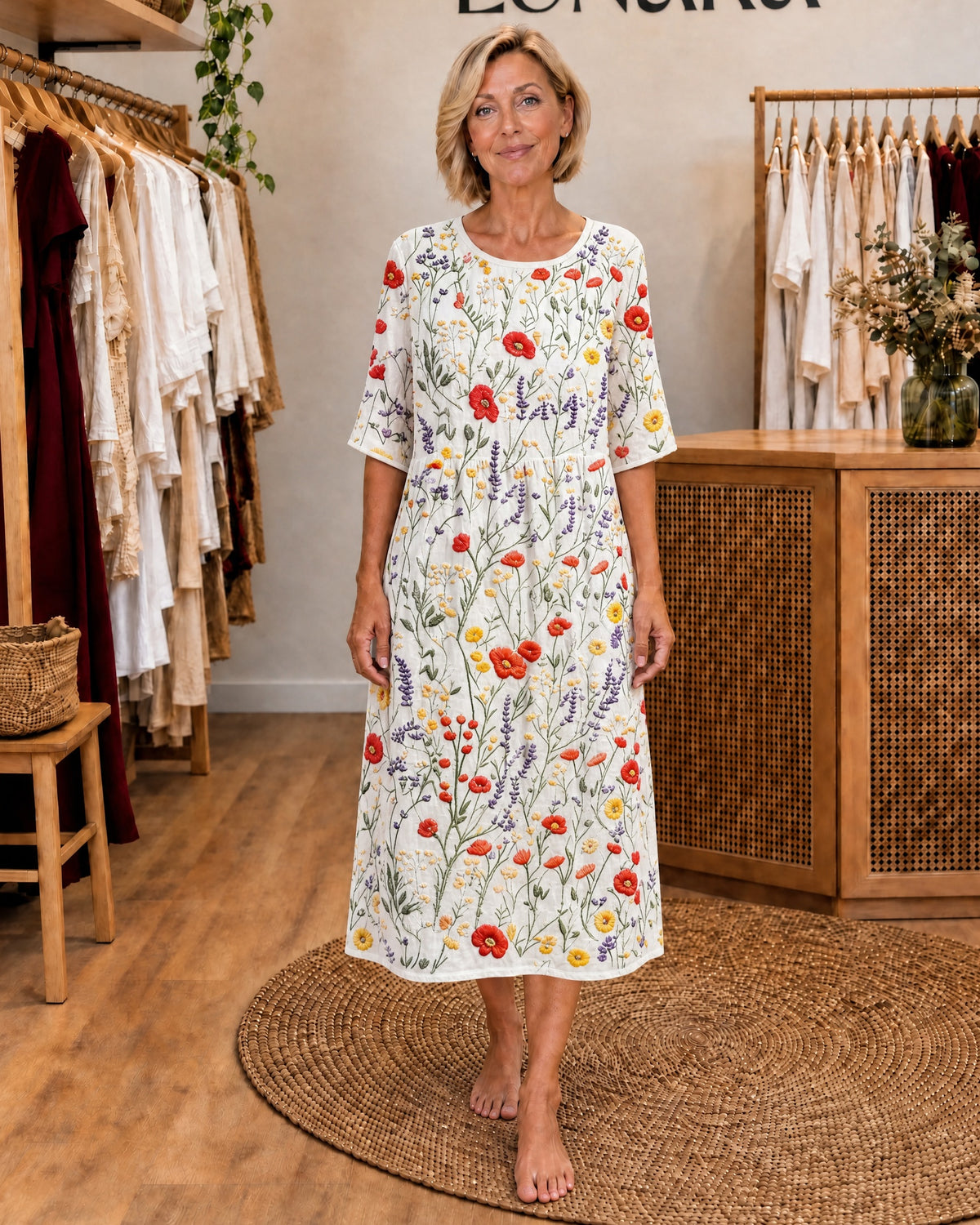 CHRISTINA - Floral Print Round Neck Midi Dress