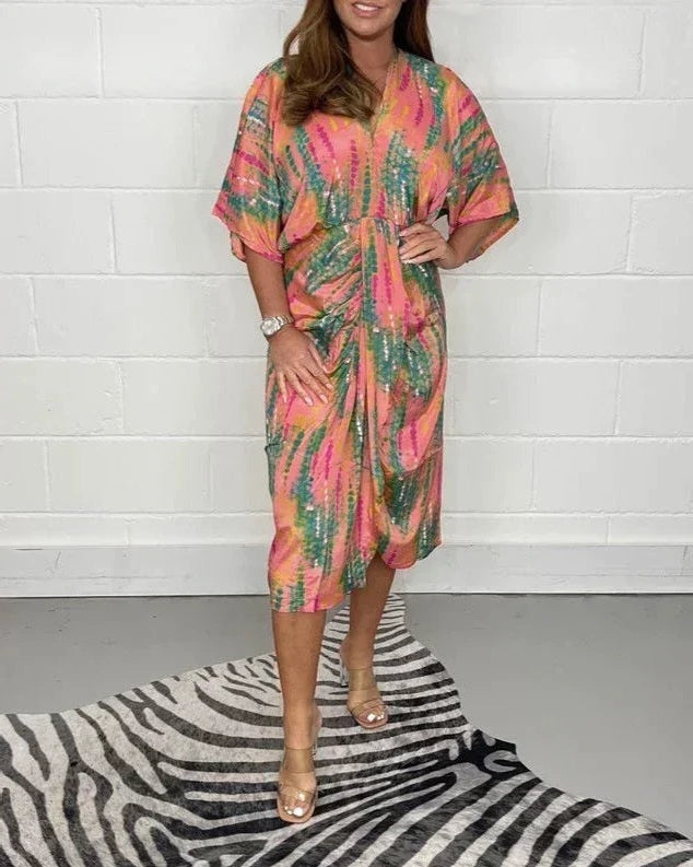 DIANE - Printed Kimono Dress - Salmon Multicolour