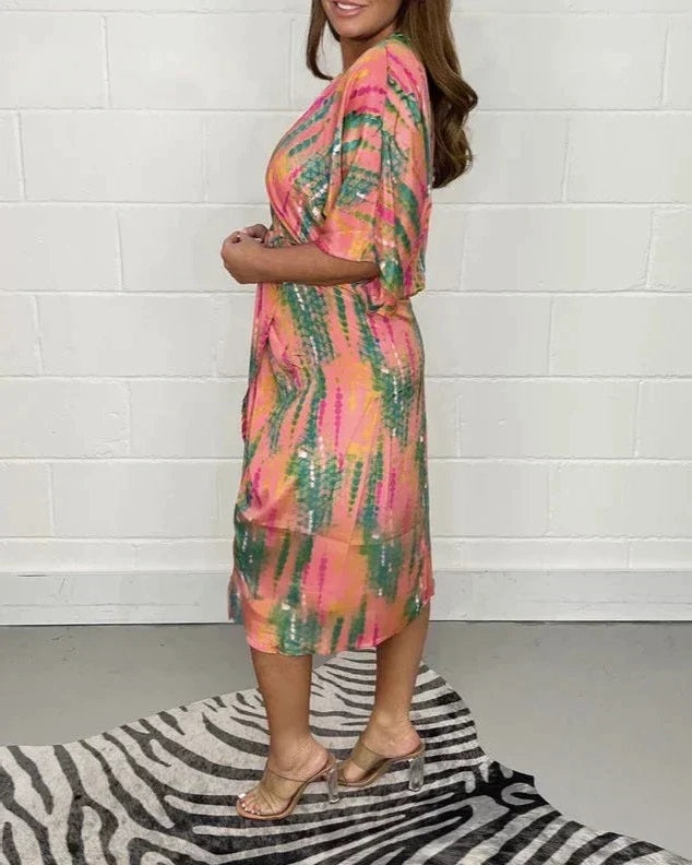 DIANE - Printed Kimono Dress - Salmon Multicolour