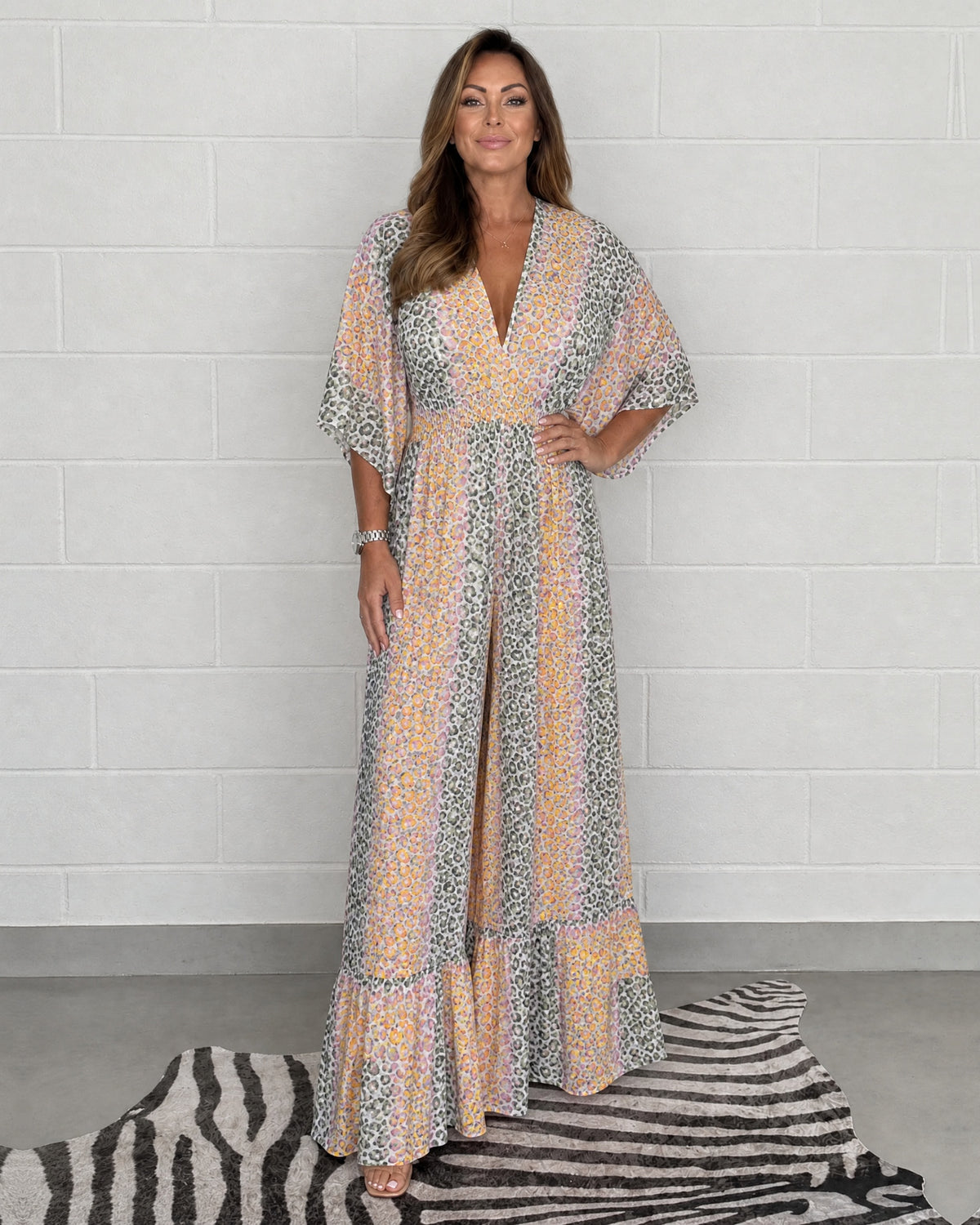 EARTHA - Leopard Print Kimono Jumpsuit - Pink Green