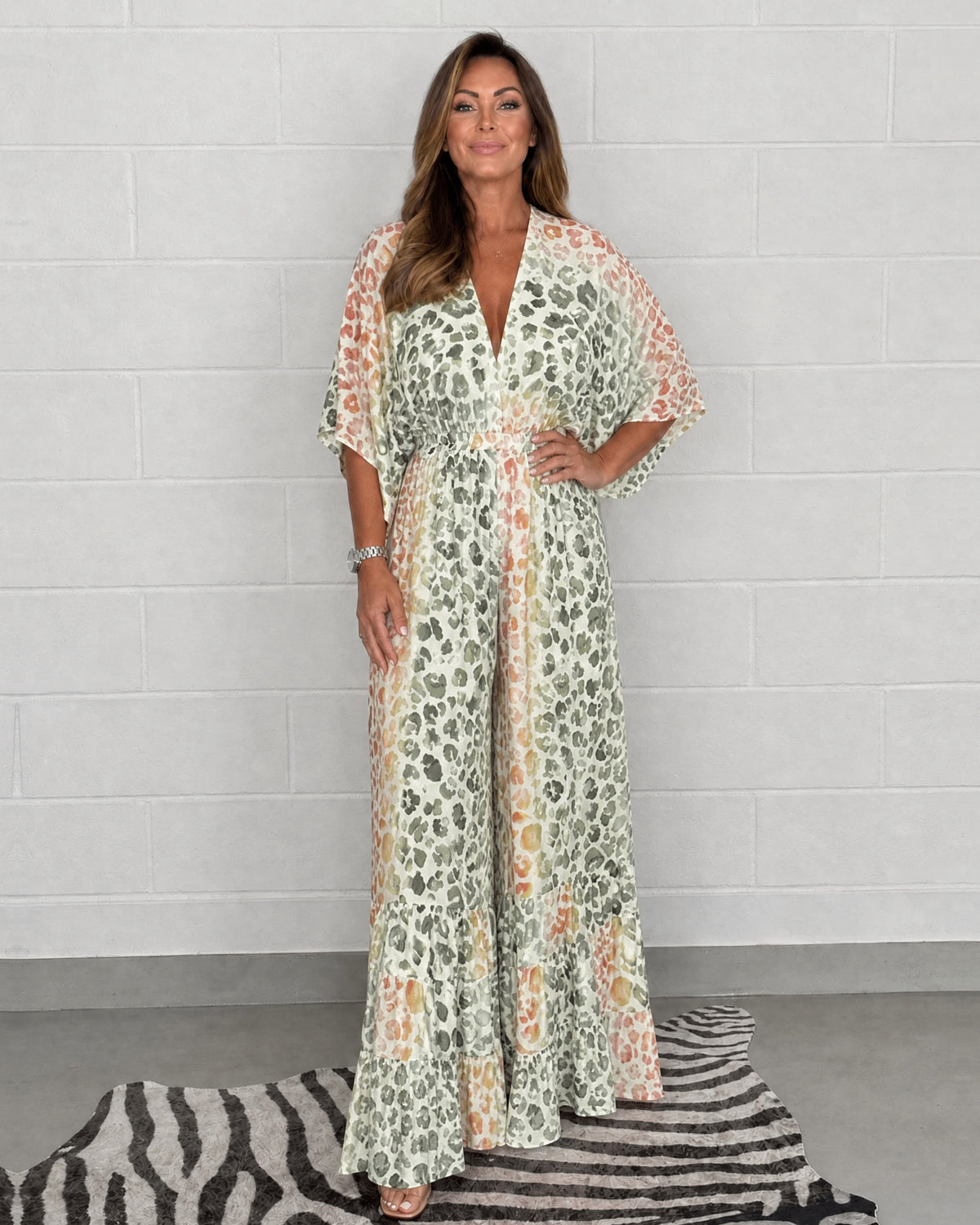 EARTHA - Leopard Print Kimono Jumpsuit - Dark Green