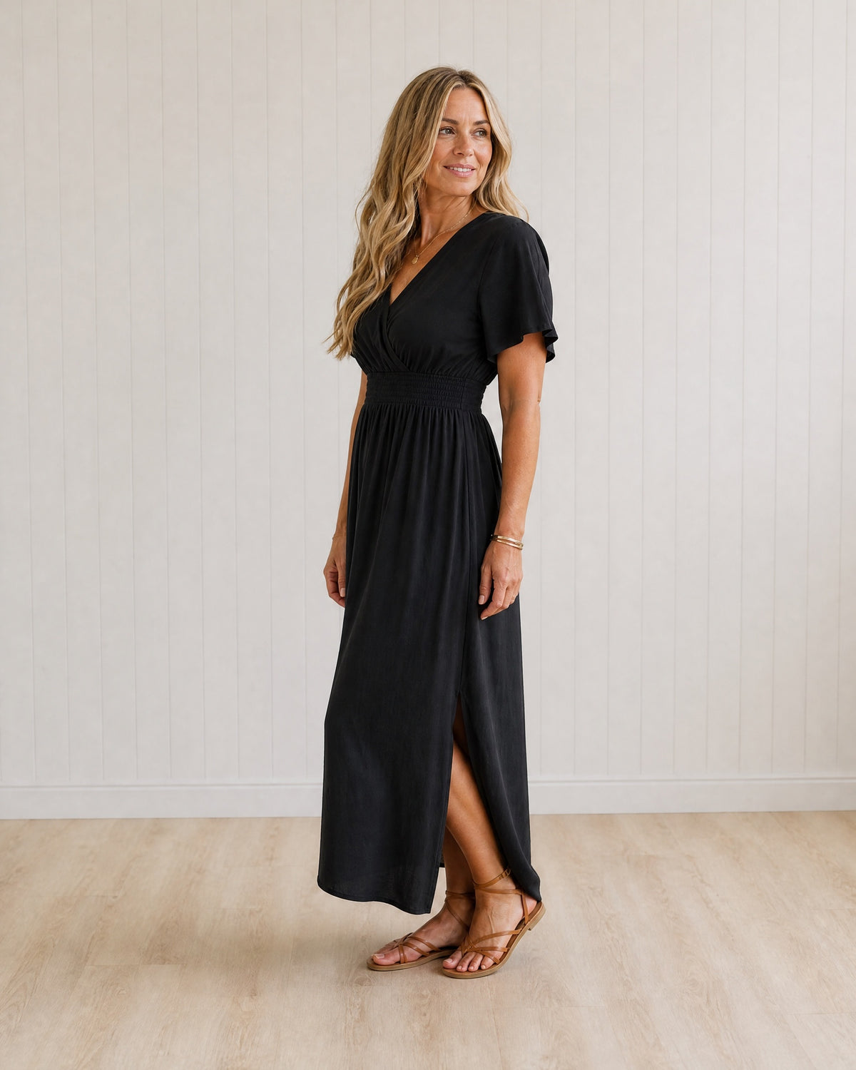 ESME - Summer V-Neck Side Slit Maxi Dress - Black