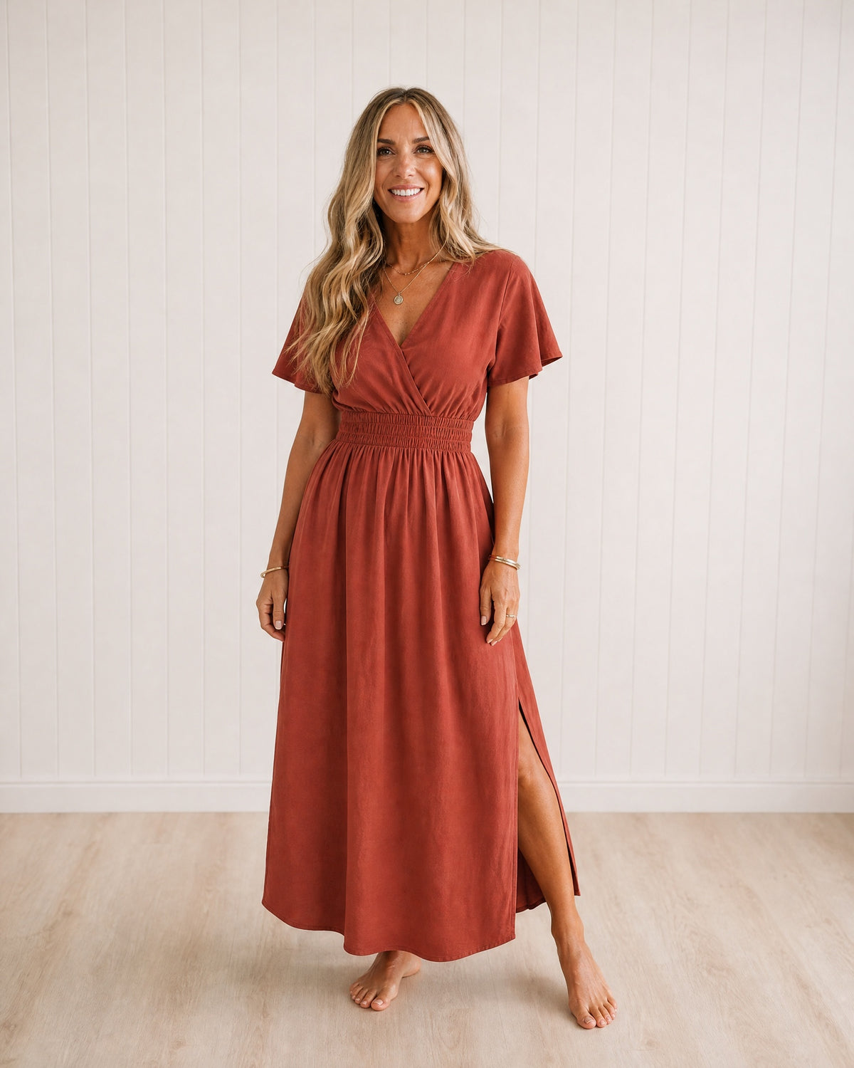 ESME - Summer V-Neck Side Slit Maxi Dress - Brick Red