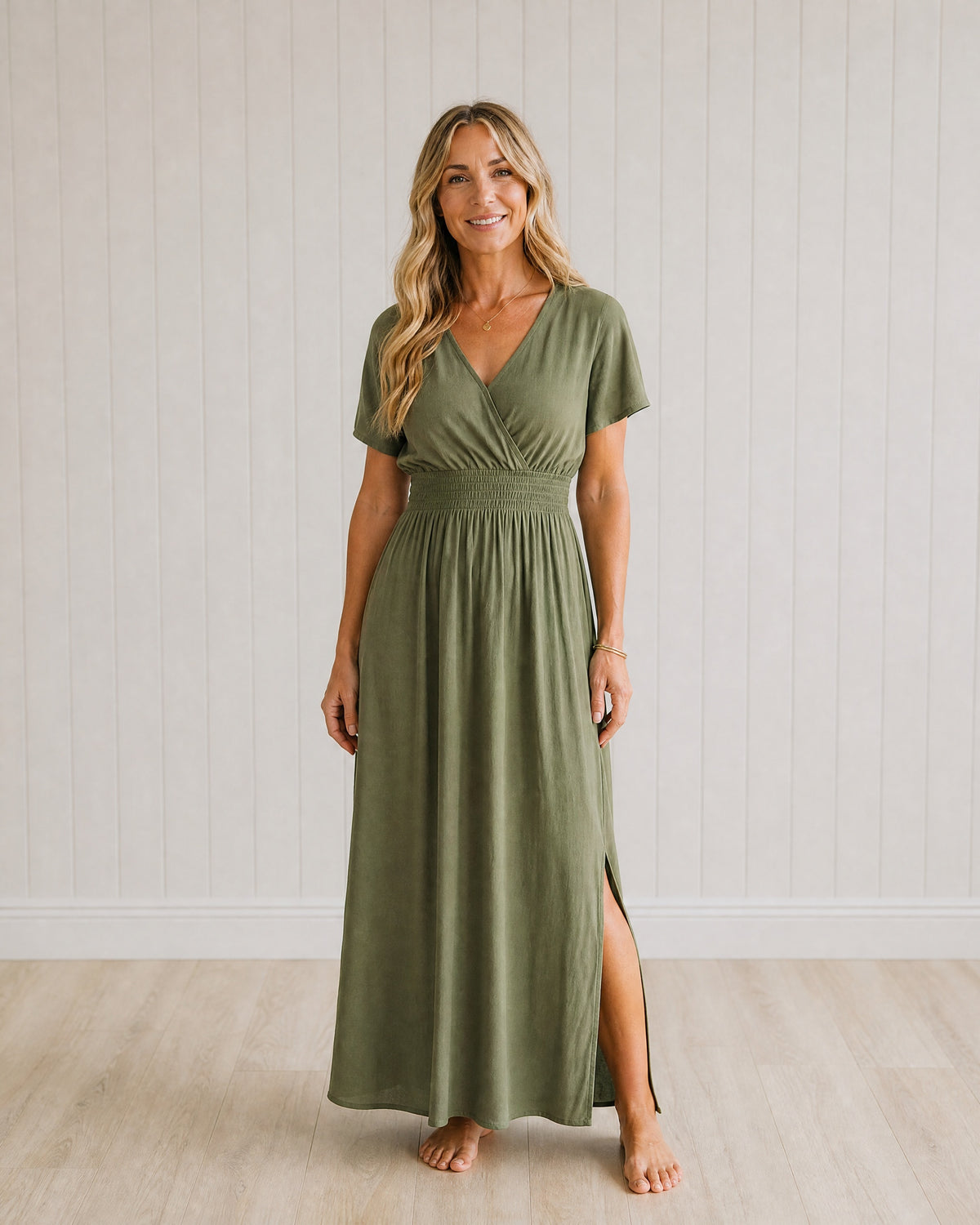 ESME - Summer V-Neck Side Slit Maxi Dress - Olive Green