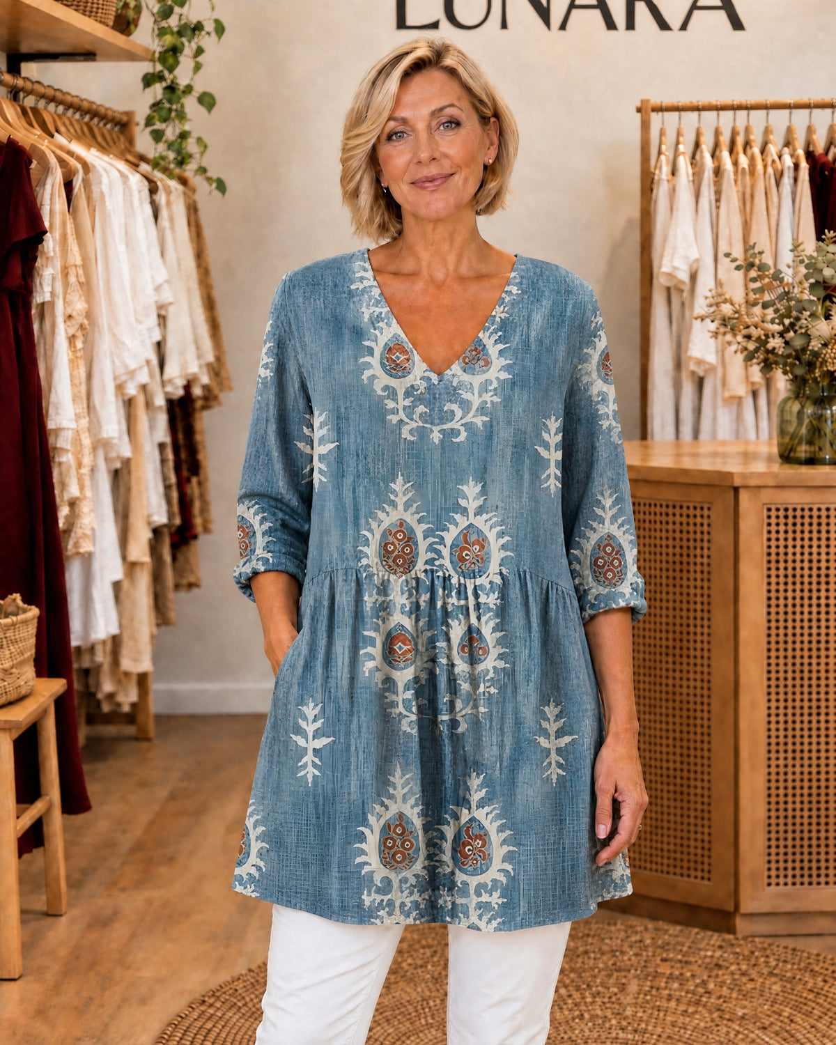 EVERLY - Long Blouse with V-Neck - Blue