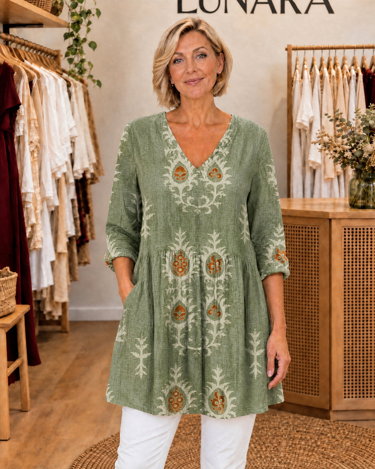 EVERLY - Long Blouse with V-Neck - Green