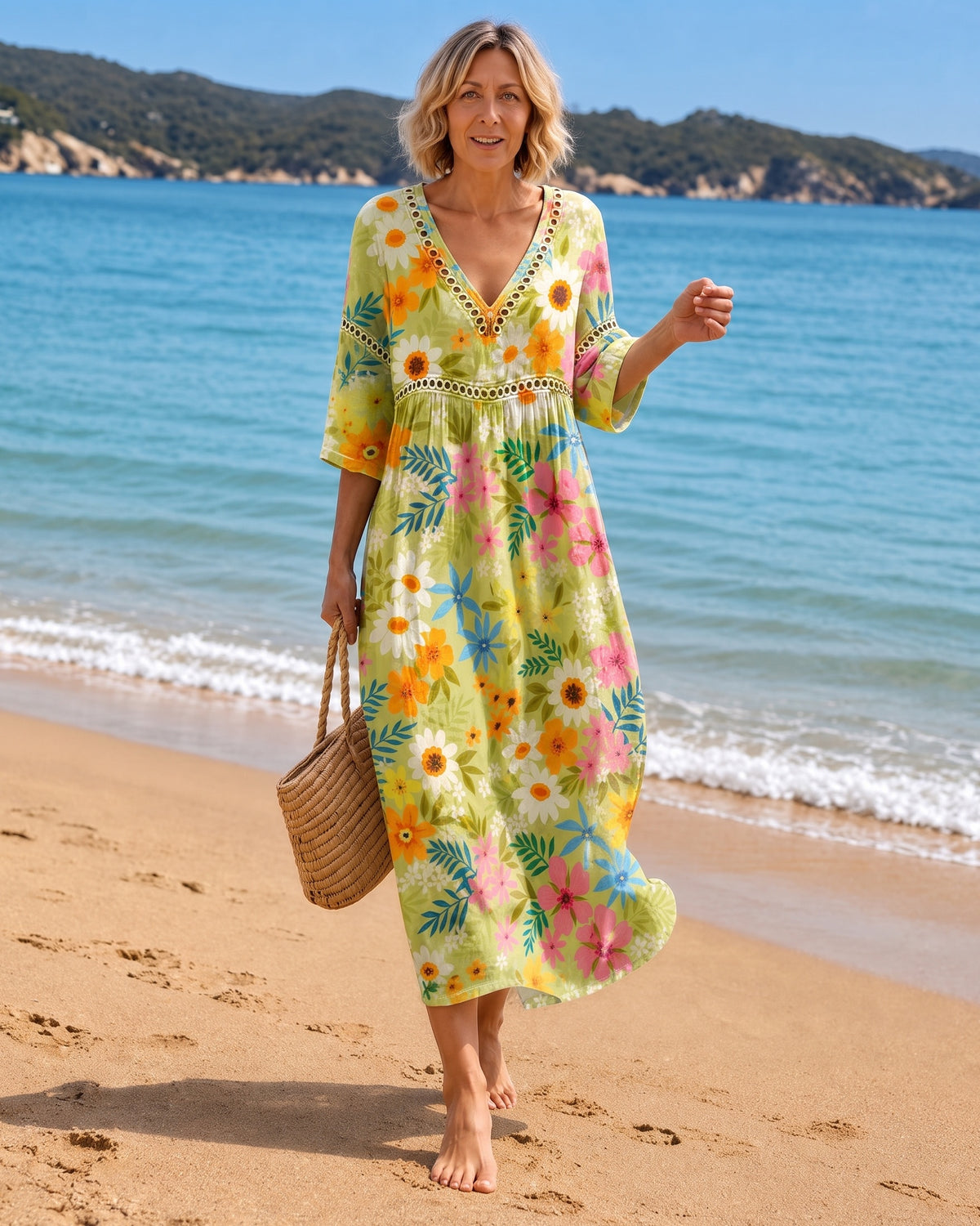 Green Daisy Print Midi Dress