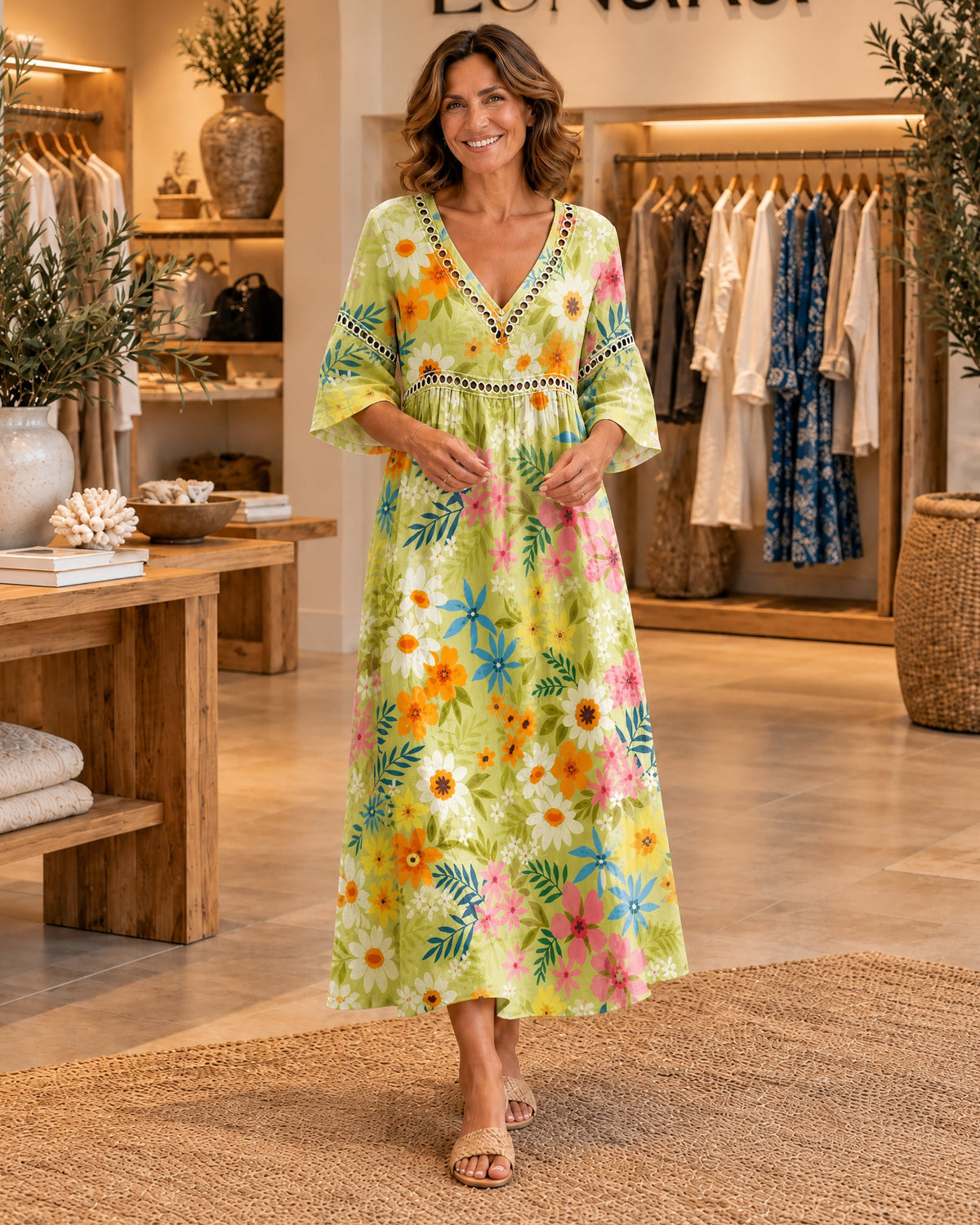 Green Daisy Print Midi Dress