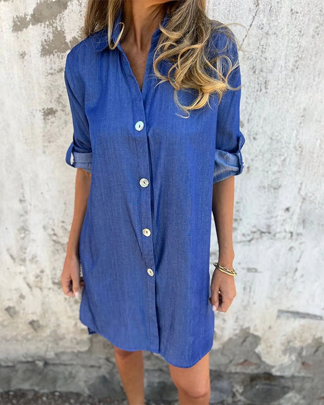 IDARA - Casual Denim Shirt Dress - Blue