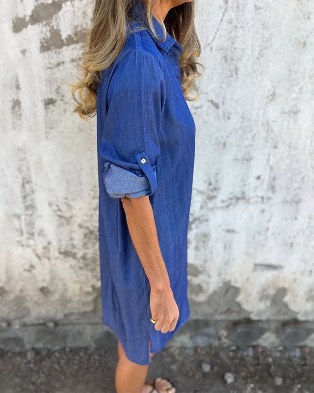 IDARA - Casual Denim Shirt Dress - Blue