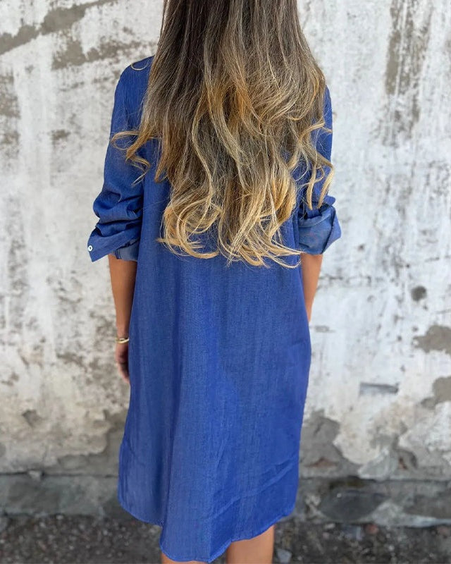 IDARA - Casual Denim Shirt Dress - Blue