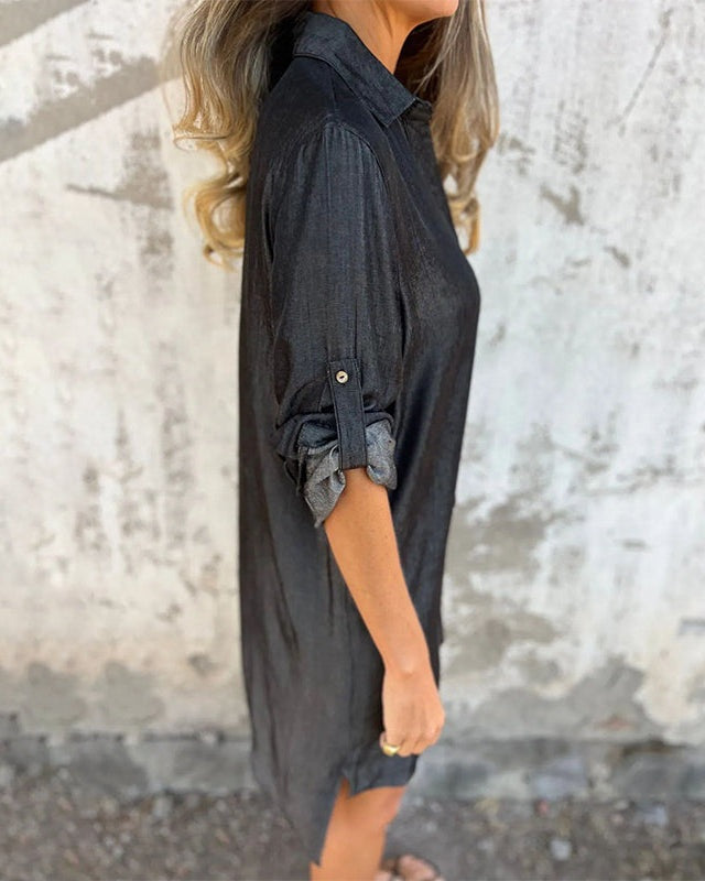 IDARA - Casual Denim Shirt Dress - Black