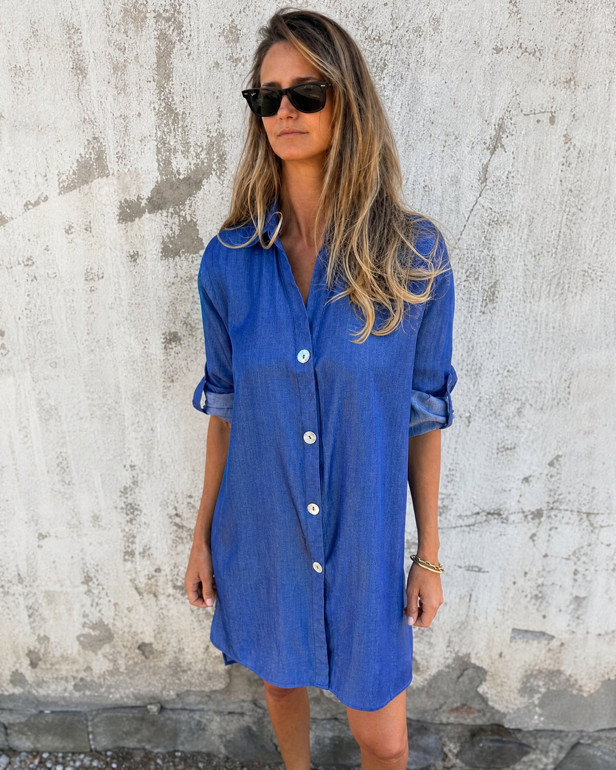 IDARA - Casual Denim Shirt Dress - Blue