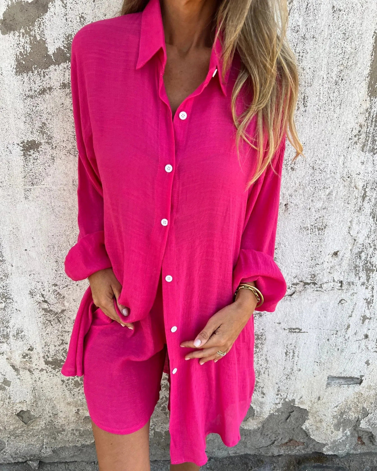 IZELA - Casual Shirt & Shorts Set - Rose Red