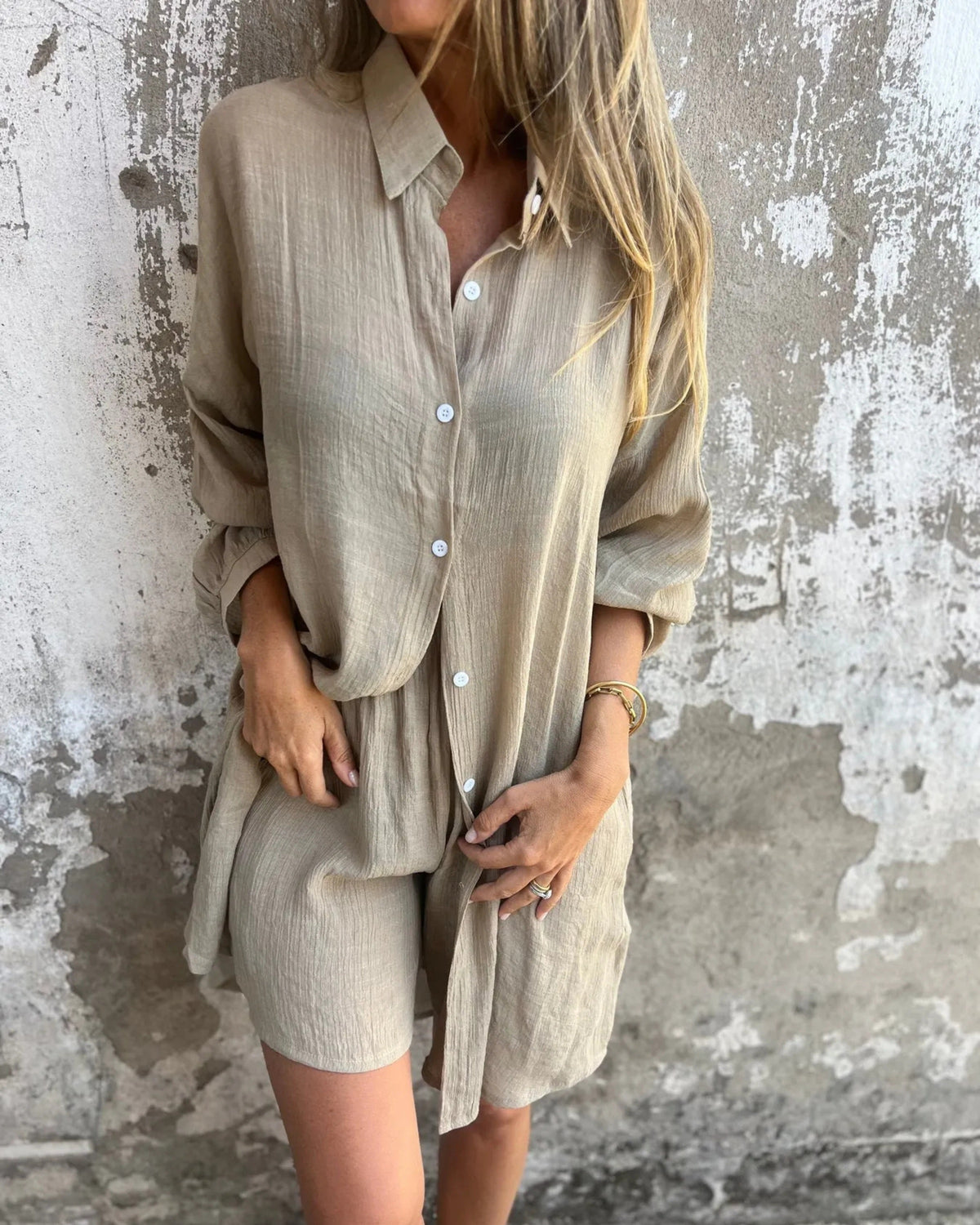 IZELA - Casual Shirt &amp; Shorts Set - Khaki