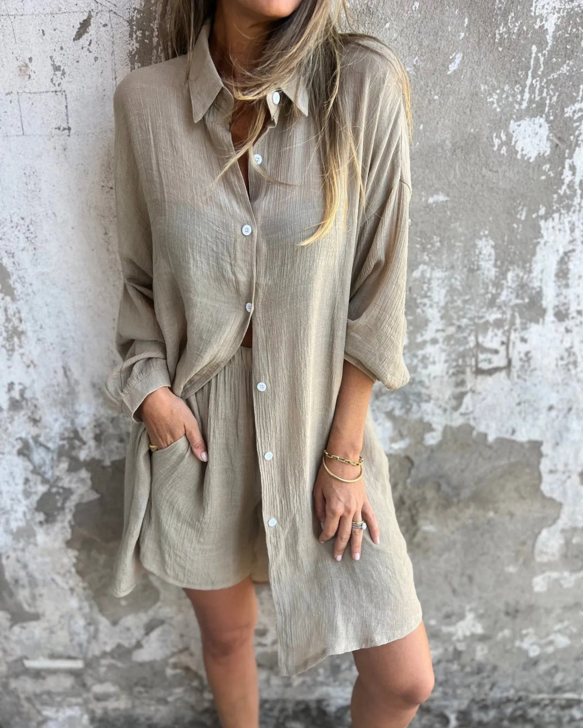 IZELA - Casual Shirt &amp; Shorts Set - Khaki