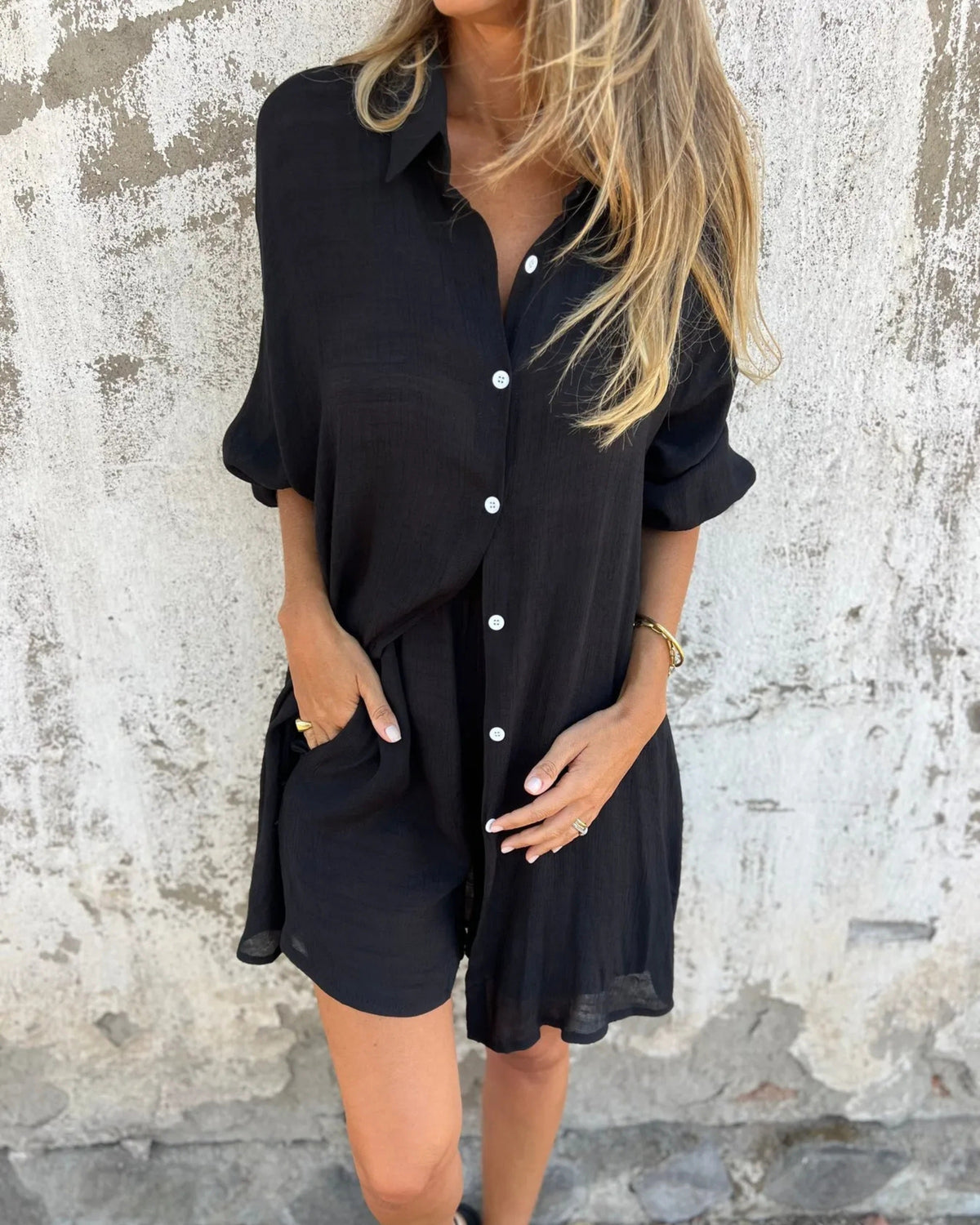IZELA - Casual Shirt &amp; Shorts Set - Black