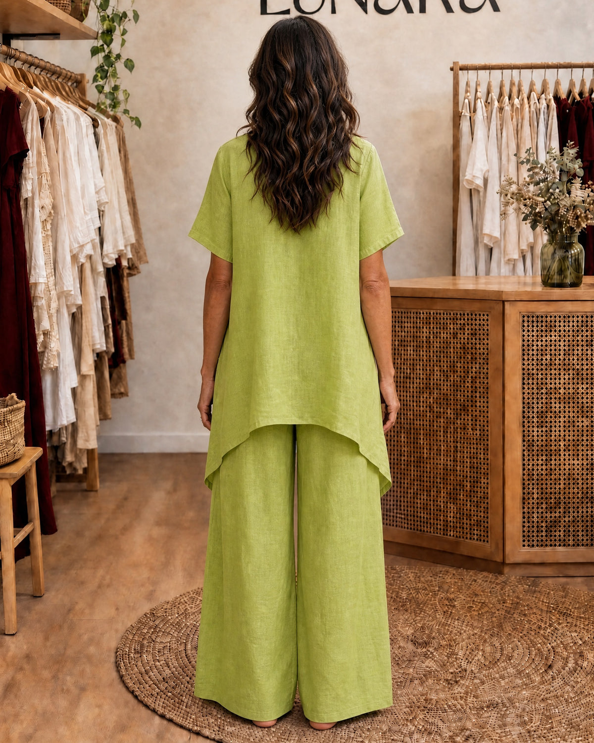 LIBIANA - V-Neck Tunic &amp; Wide-Leg Set - Green
