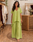 LIBIANA - V-Neck Tunic & Wide-Leg Set - Green