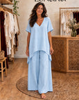 LIBIANA - V-Neck Tunic & Wide-Leg Set - Light Blue