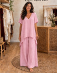 LIBIANA - V-Neck Tunic & Wide-Leg Set - Pink