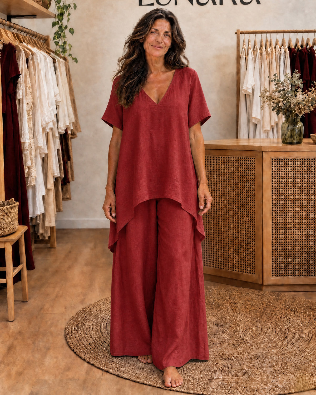 LIBIANA - V-Neck Tunic &amp; Wide-Leg Set - Red