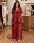 LIBIANA - V-Neck Tunic & Wide-Leg Set - Red