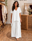 LIBIANA - V-Neck Tunic & Wide-Leg Set - White