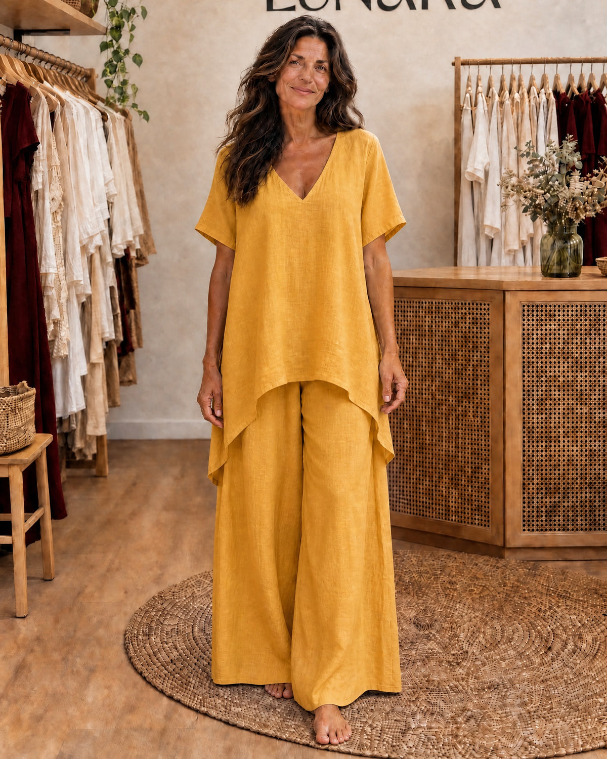 LIBIANA - V-Neck Tunic &amp; Wide-Leg Set - Yellow