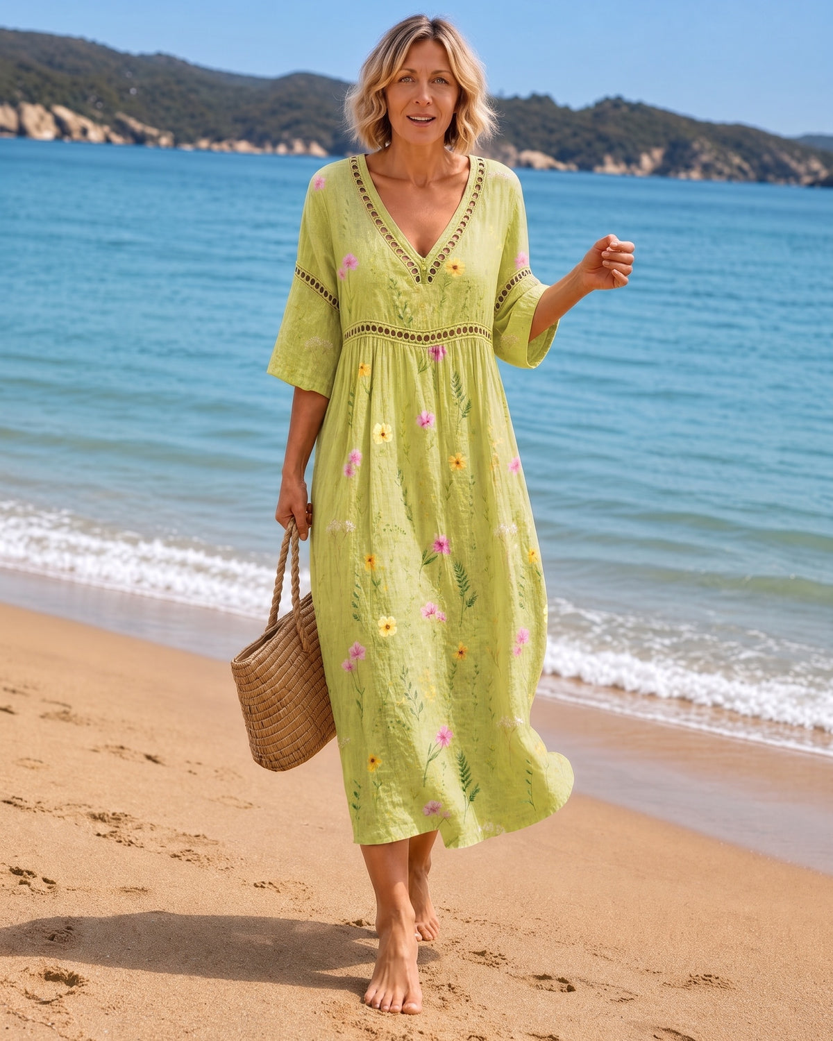 Light Green Midi Dress with Delicate Flowers