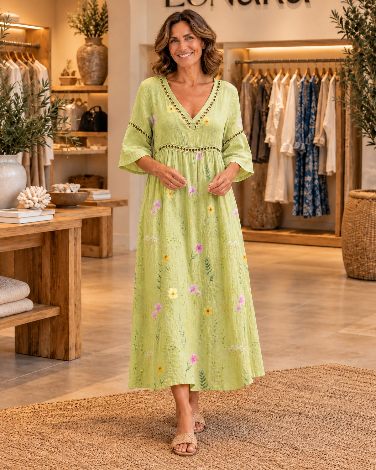 Light Green Midi Dress with Delicate Flowers