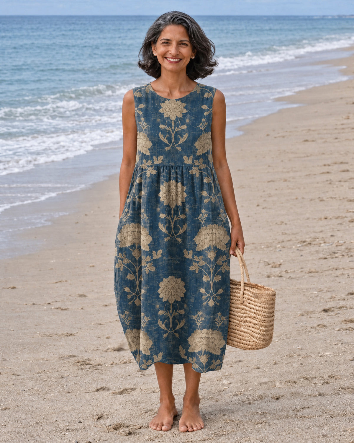 LOLA - Midi Dress with Flowers - Blue