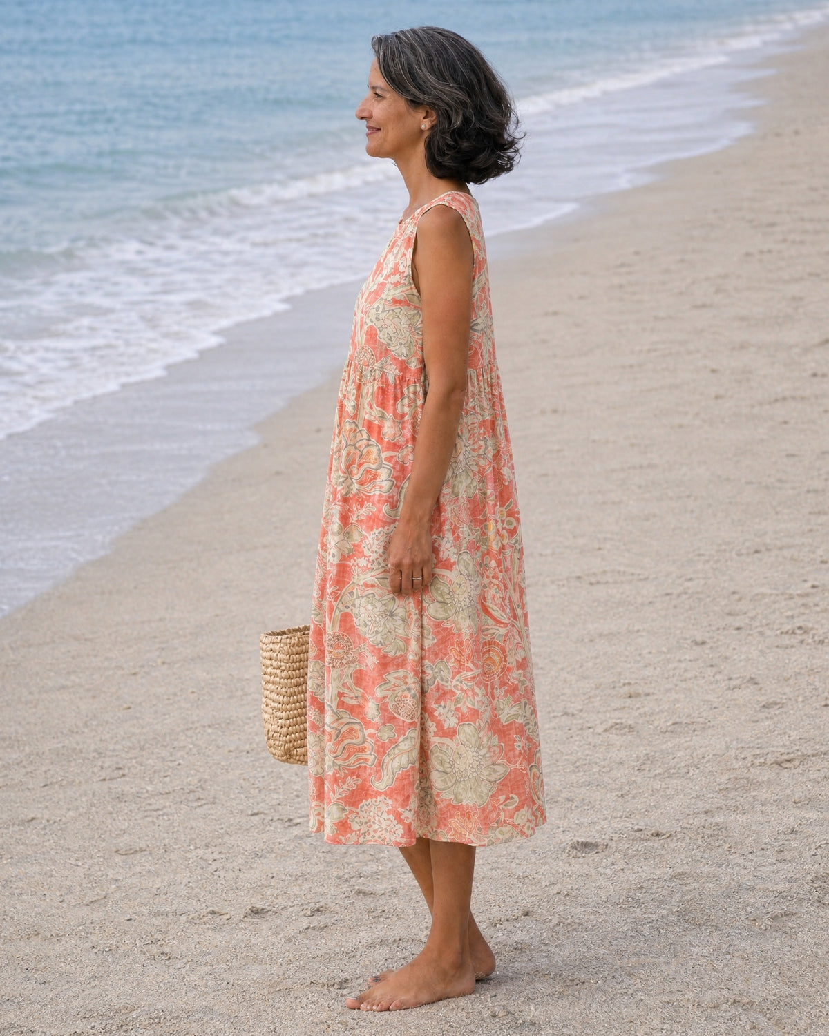 LOLA - Midi Dress with Flowers - Coral