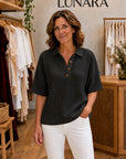 MADDISON - Relaxed Waffle Polo Top - Black