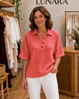 MADDISON - Relaxed Waffle Polo Top - Coral Red