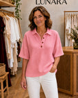 MADDISON - Relaxed Waffle Polo Top - Peach