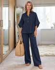 MARIBEL - Linen Set with Batwing Sleeves and Wide Pants - Navy Blue